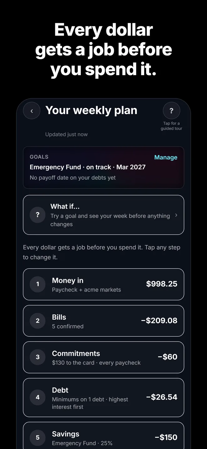 Your weekly plan: Money in $998.25, Bills −$209.08, Commitments −$60, Debt −$26.54, Savings −$150.