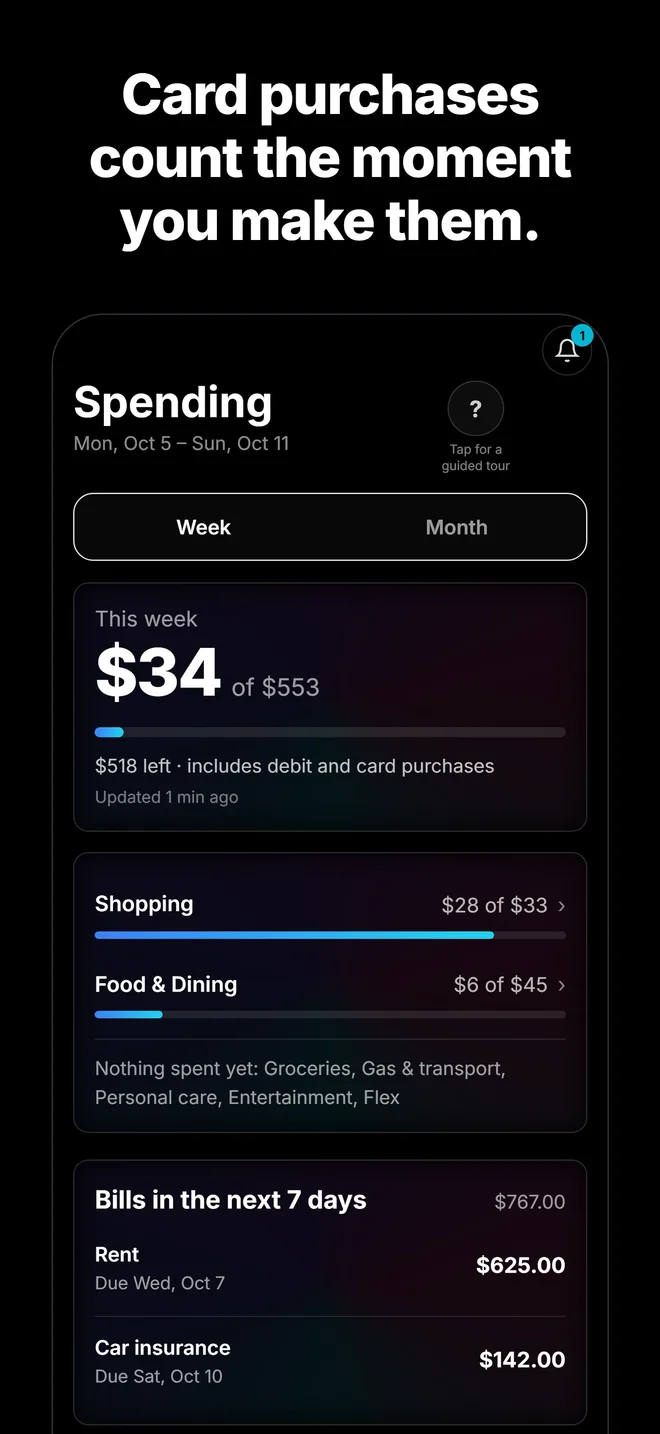 Spending this week: $34 of $553, with Shopping and Food & Dining, and bills due in the next 7 days.