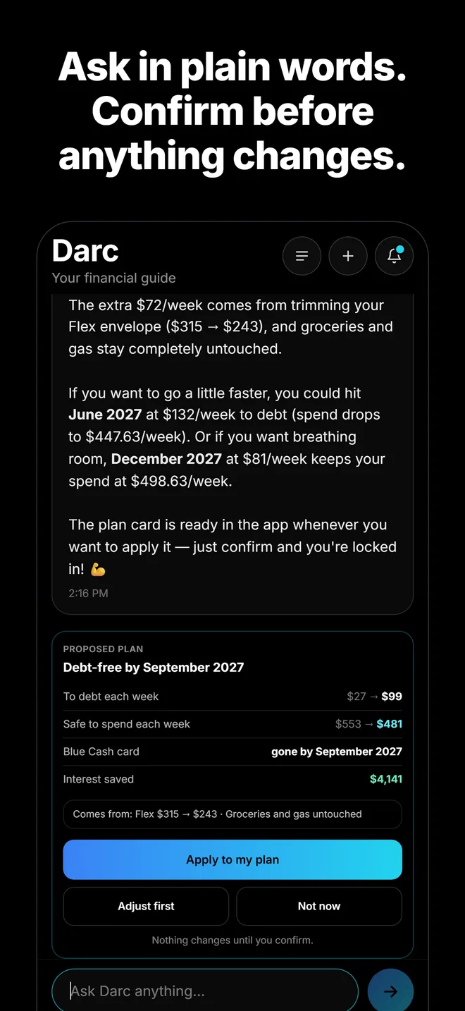Darc chat proposing a plan: debt-free by September 2027, with Apply to my plan, Adjust first and Not now.