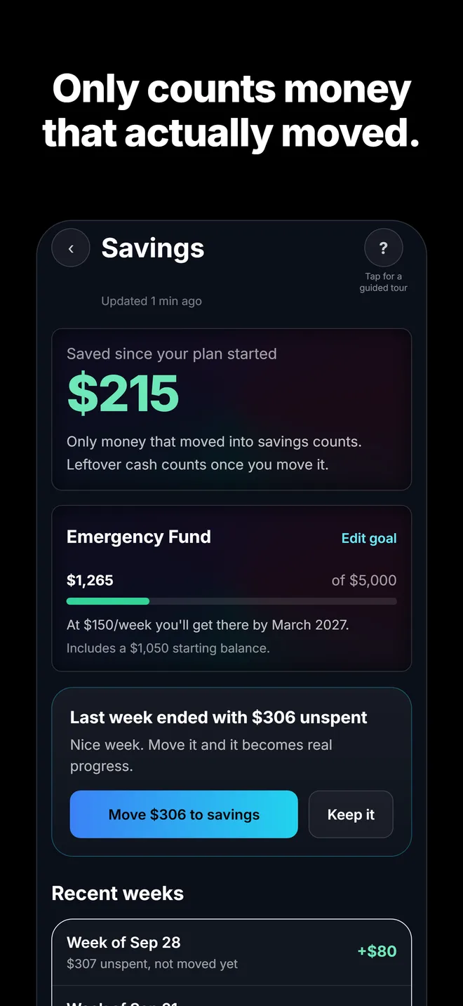 Savings: $215 saved since your plan started, Emergency Fund $1,265 of $5,000, on track for March 2027.